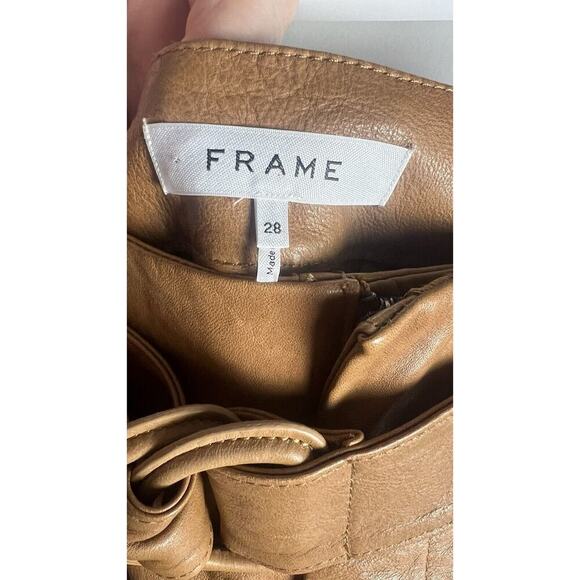 Frame Lambs Leather Pleated Front Belted Paperbag Shorts In Camel Size 28 - Picture 10 of 14